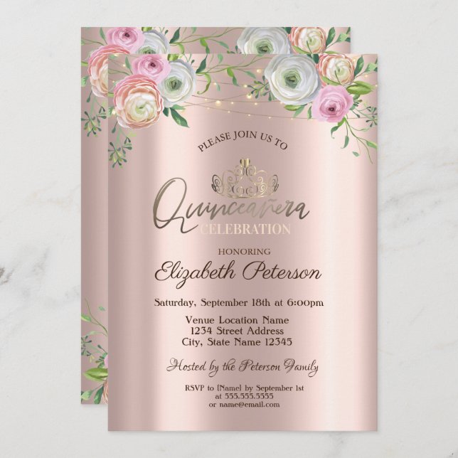 Convite Tiara, Rosas De Chic Com Luzes De Cordas Quinceañe (Frente/Verso)