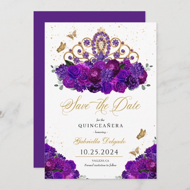 Convite Tiara Roxo e Dourada Salva A Data Quinceañera (Frente/Verso)