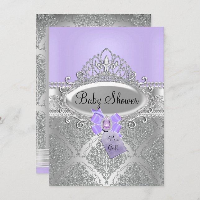 Convite Tiara & Silver Damask Purple Chá de fraldas Invite (Frente/Verso)