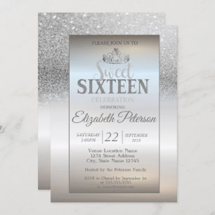 Convite Tiara, Silver Glitter Bokeh Ombre Doce 16 Partido
