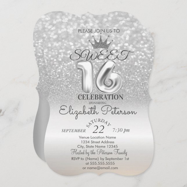 Convite Tiara,Silver Sweet 16 Glitter Bokeh Party (Frente/Verso)
