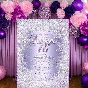 Convite Tiara Sweet 16 Roxo Prata Winter Wonderland