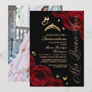 Convite Tiara Vermelha Preta Dourada de Quinceanera