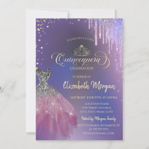 Convite Tiara, vestido chique, gotejamento violeta Quincea