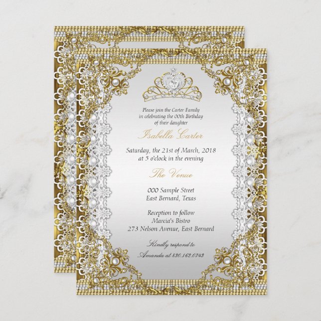 Convite Tiara White Dourada Pearl Lace Damask Festa de ani (Frente/Verso)