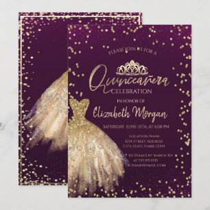 Convite Tiarade vestido de ouro, diamantes Quinceañera vio