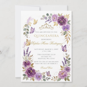 Convite Tiarara de Borboleta Floral Roxa Dourada Quinceañe