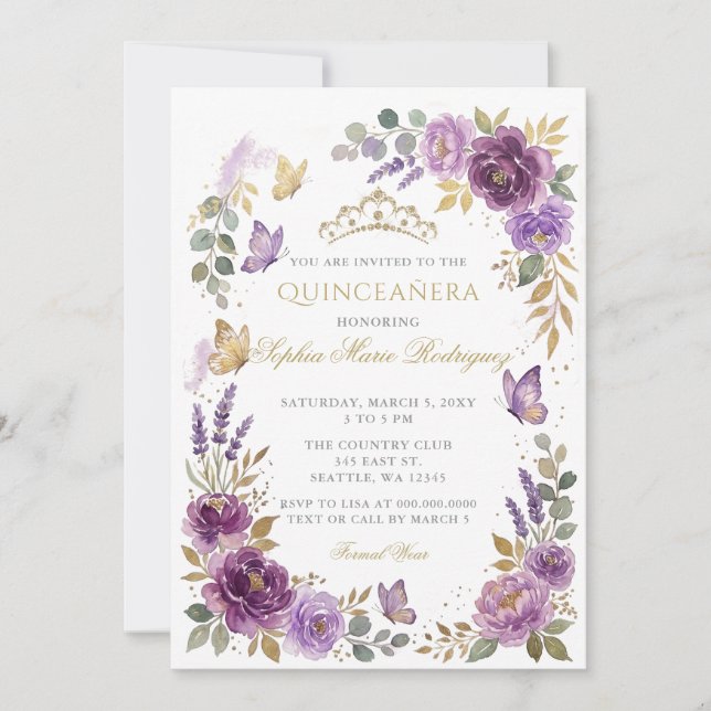 Convite Tiarara de Borboleta Floral Roxa Dourada Quinceañe (Frente)