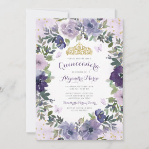 Convite Tiarara de Ouro Borboleta Floral Roxa Quinceanera