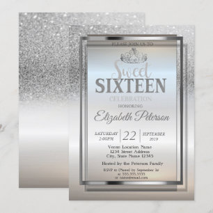 Convite Tiaras, Armação Brilho Prata Bokeh Festa Sweet 16