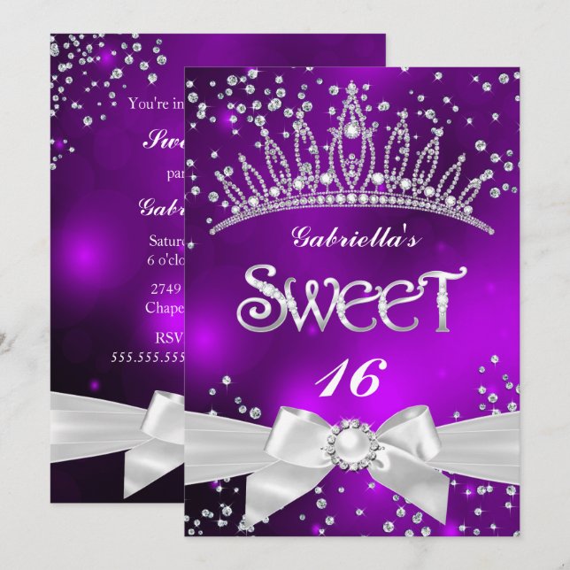 Convite Tiaras Brilhantes Sweet 16 festa roxa (Frente/Verso)