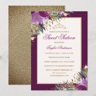 Convite Tiaras Brilho Ametista Roxo Floral Sweet Sixteen
