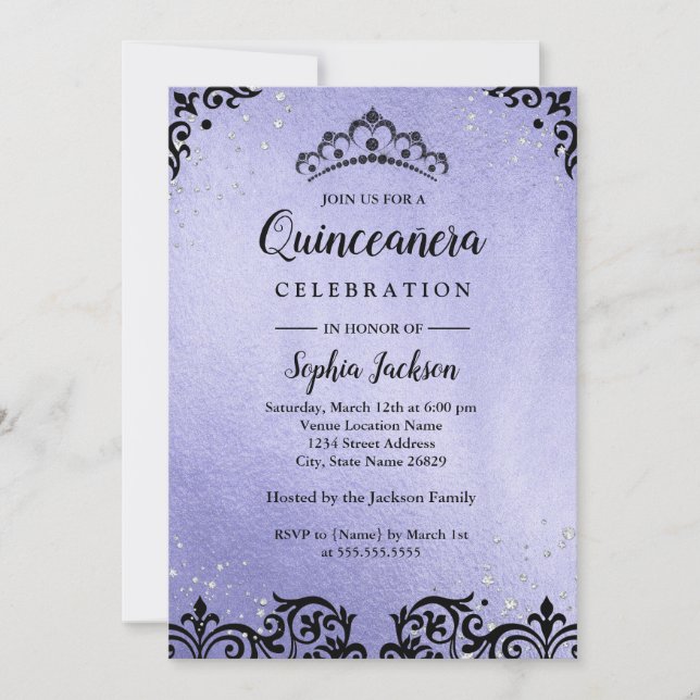 Convite Tiaras Damask Quinceanera Faísca Roxa (Frente)