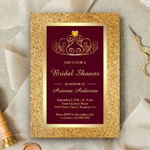 Convite Tiaras de Brilho Dourado Princesa Burgundy Chá de