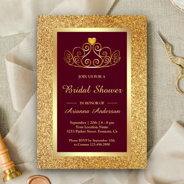 Convite Tiaras de Brilho Dourado Princesa Burgundy Chá de  (Criador carregado)