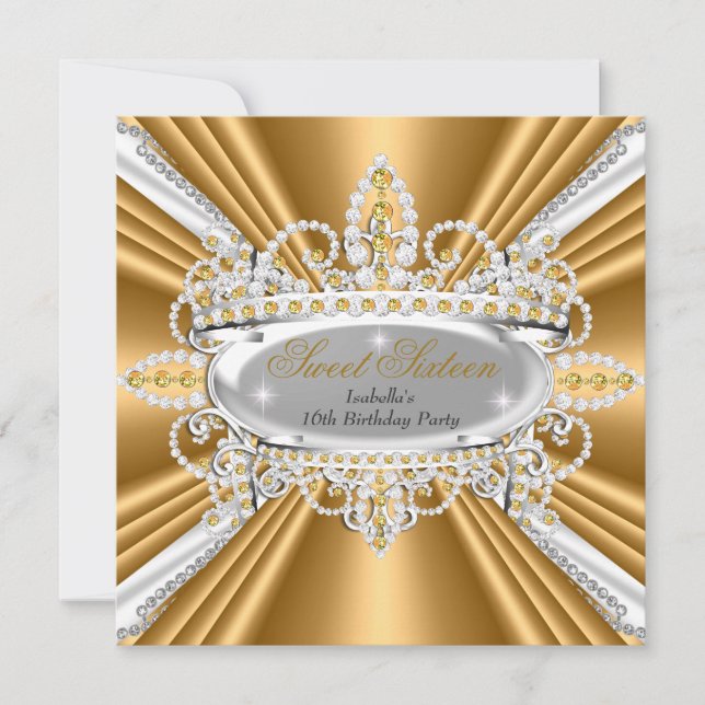 Convite Tiaras de Diamantes Ouro Princesa de Aniversário d (Frente)