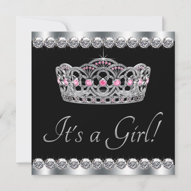 Convite Tiaras de Diamantes Prata Rosa Preto Chá de Bebê (Frente)