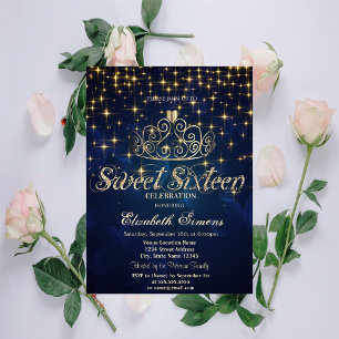 Convite Tiaras de Ouro Estrelas Princesa Azul Marinho Doce