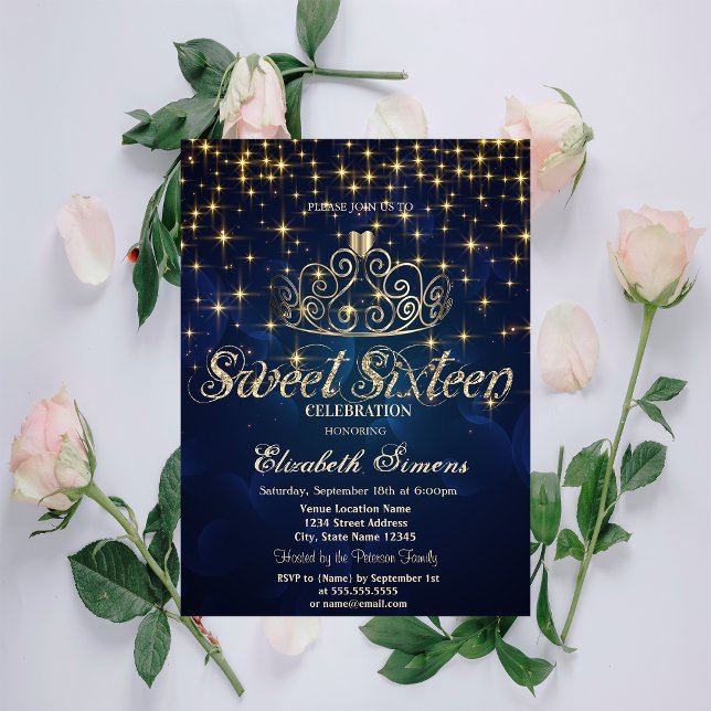 Convite Tiaras de Ouro Estrelas Princesa Azul Marinho Doce (Criador carregado)