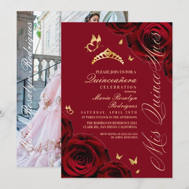 Convite Tiaras de Ouro Vermelho Royal Quinceanera (Frente/Verso)