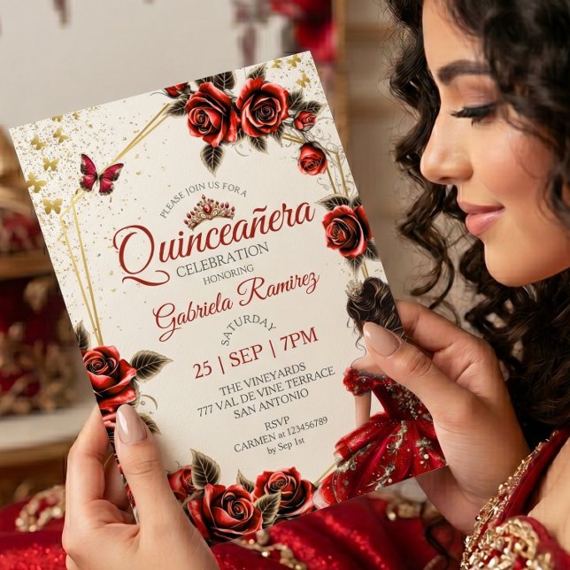 Convite Tiaras de Rosas Douradas Vermelhas Borboletas Quin (Criador carregado)