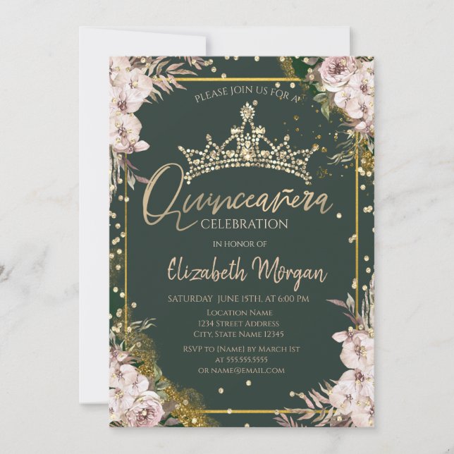 Convite Tiaras, Diamantes Boho Flores Verde Quinceañera  (Frente)