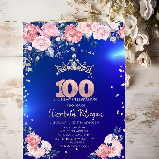 Convite Tiaras Douradas Diamantes Flores Azul 100º Anivers (Criador carregado)