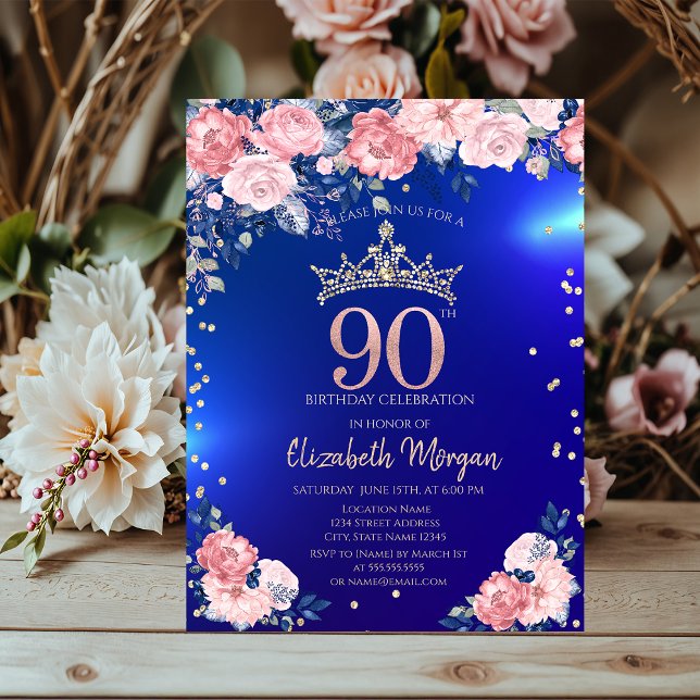Convite Tiaras Douradas Diamantes Flores Azul 90º Aniversá (Criador carregado)