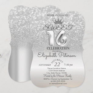 Convite Tiaras, Festa Sweet 16 Brilho em Prata Bokeh Ombre