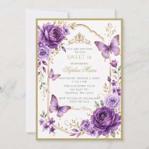 Convite Tiaras Florais Borboleta Roxo Dourado Sweet 16