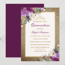 Convite Tiaras Florais Roxo Ametista Brilhante Quinceanera