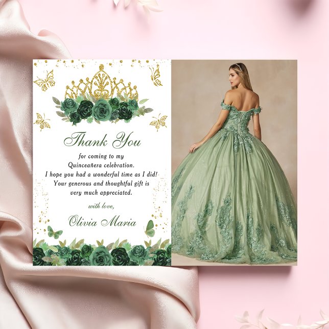 Convite Tiaras Florais Verde Esmeralda Borboleta Quinceane (Criador carregado)