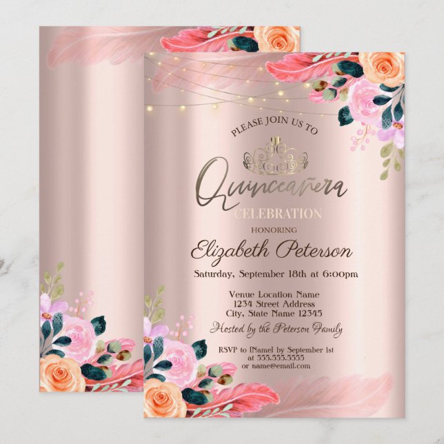 Convite Tiaras, Flores Rosa Dourada com Penas para Quincea (Frente/Verso)