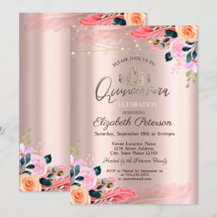 Convite Tiaras, Flores Rosa Dourada com Penas para Quincea