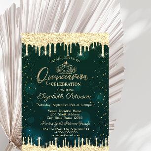 Convite Tiaras, Glitter Dourado Estrelas Verde Quinceañera
