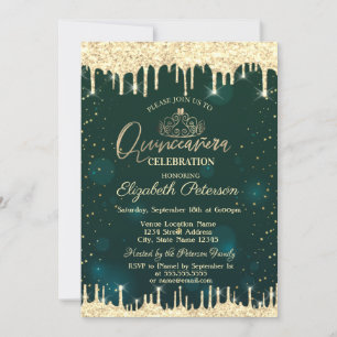 Convite Tiaras, Glitter Dourado Estrelas Verde Quinceañera