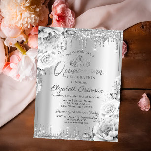 Convite Tiaras,Gotas de Brilho Prateado Flores Quinceañera