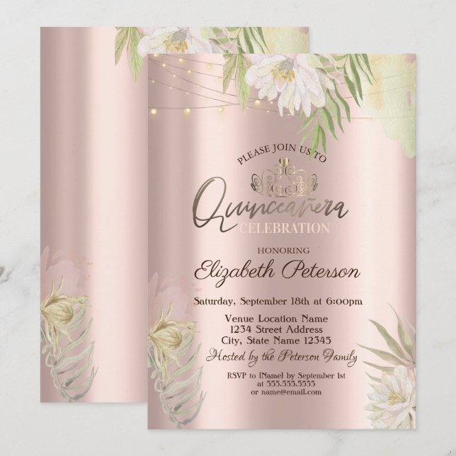 Convite Tiaras,Luzes de Corda Flores Boho Quinceañera  (Frente/Verso)