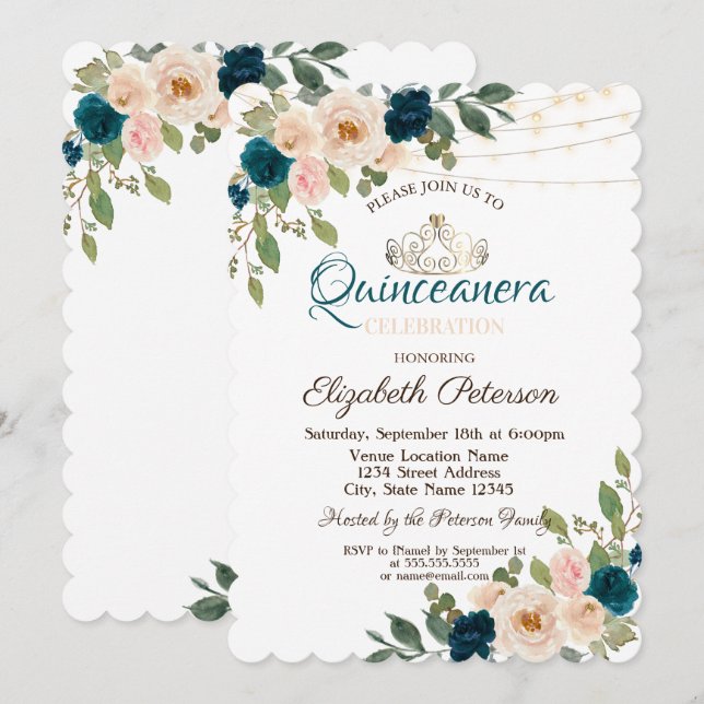 Convite Tiaras,Luzes de Corda Flores Quinceañera (Frente/Verso)