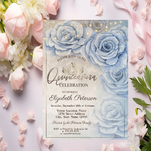 Convite Tiaras, Luzes de Corda Rosas Azuis Quinceañera