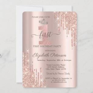 Convite Tiaras Prateadas Rose Gold com Glitter Chic Drips