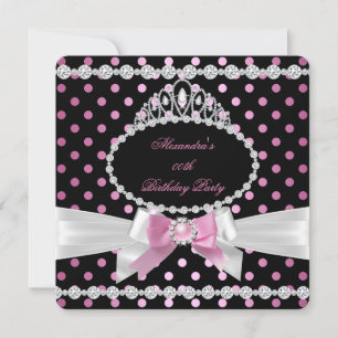 Convite Tiaras Preto Branco Pontos Pink Festa de Aniversár