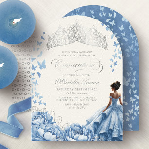 Convite Tiaro Azul Claro Borboletas Flores Quinceanera