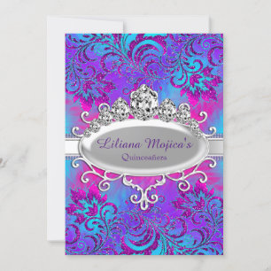 Convite Tiaro Azul Roxo & Floral Glitter Quinceanera