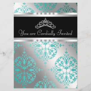 Convite Tiaro Azul Teal Preto Damasko Quinceanera