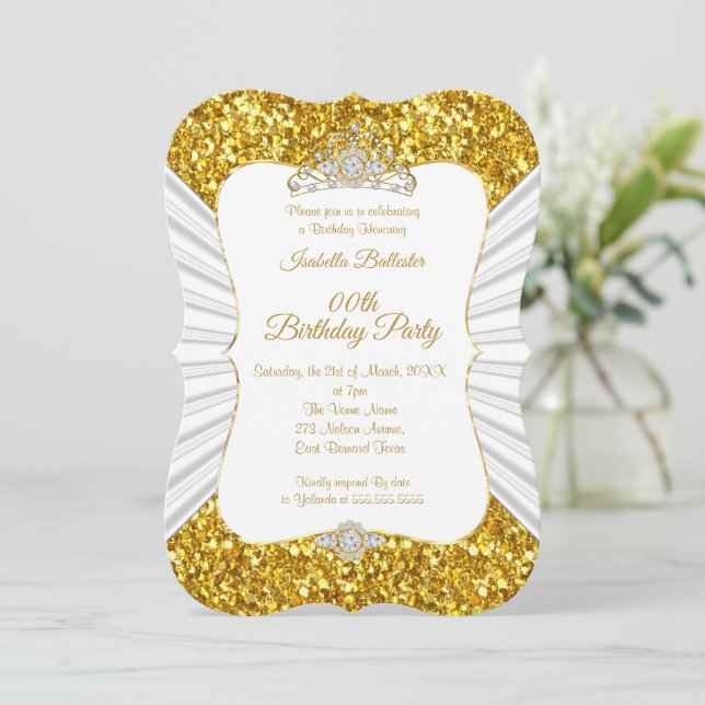Convite Tiaro brilhante dourado branco elegante para festa (Em pé/Frente)