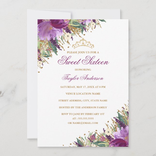 Convite Tiaro Brilhante Floral Roxo de Ámbar Doce Dezessei (Frente)