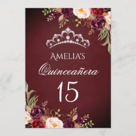 Convite Tiaro Brilhante Prata Burgundy Floral Quinceanera