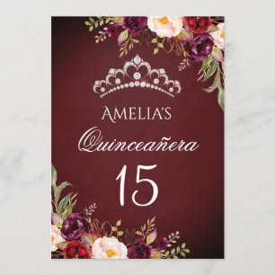 Convite Tiaro Brilhante Prata Burgundy Floral Quinceanera