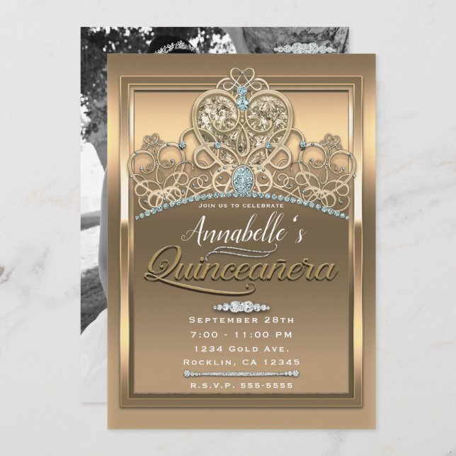 Convite Tiaro Coração de Princesa Glamour Dourado Foto Qui (Frente/Verso)